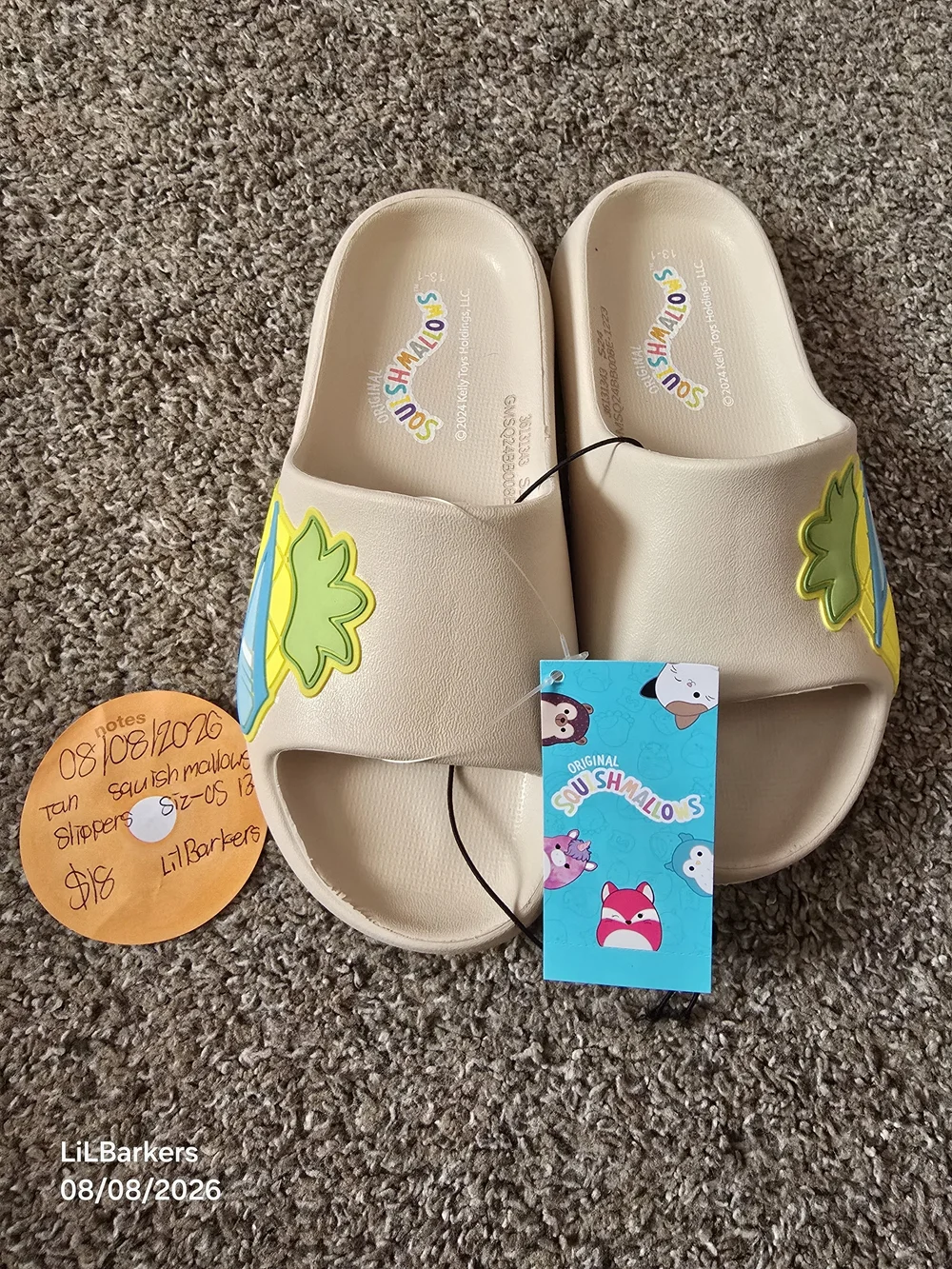 Squishmallows Tan Slide Sandals with Yellow-Green Fruit Accents